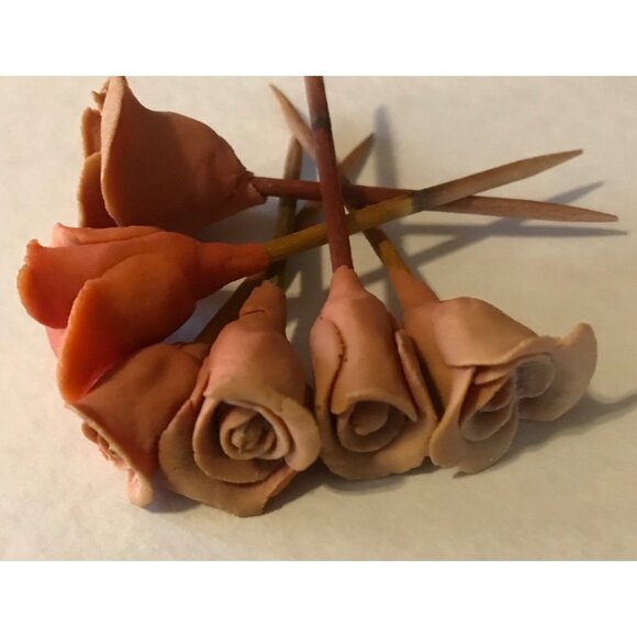 Handcrafted Clay Rose Cupcake Toppers On Toothpicks 2 1/2" Set of 6 - Picture 3 of 6